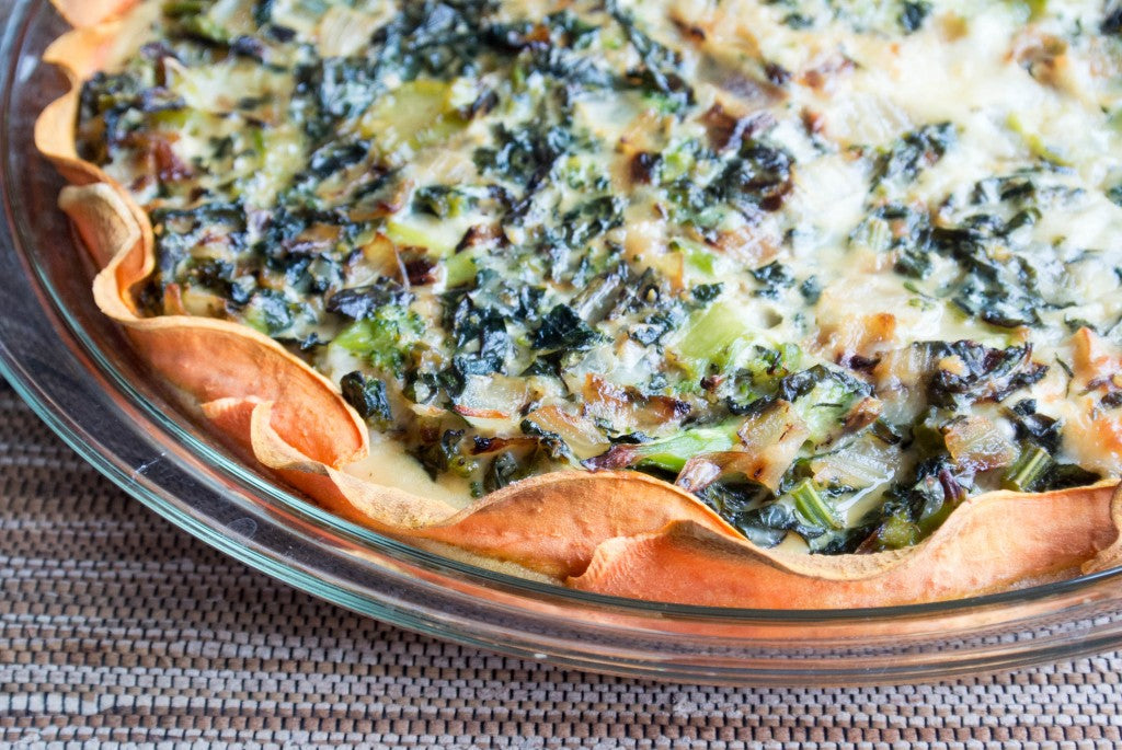 Sweet Potato Crust Quiche with Ham, Kale, and Gruyere Cheese